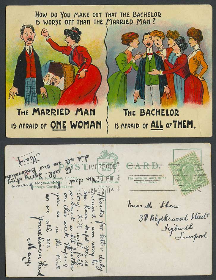 Married Man afraid of one Woman Bachelor afraid of All of them 1911 Old Postcard