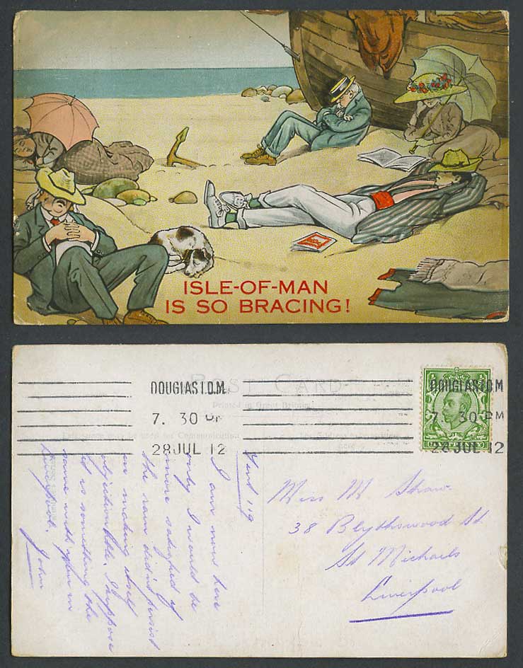 Isle of Man is So Bracing 1912 Old Postcard Dog Men Women Sleeping on Beach Boat