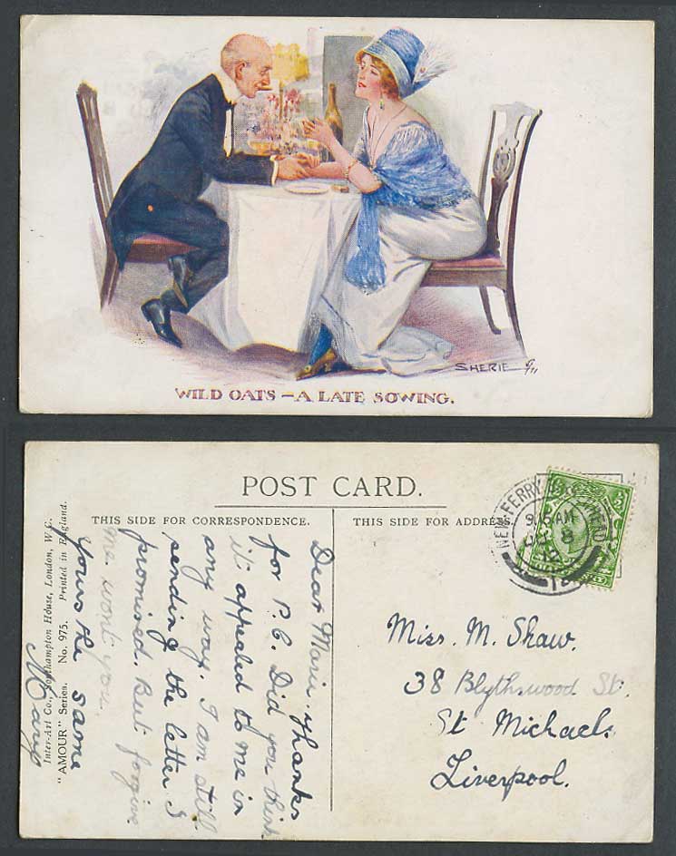 Sherie Artist Signed 1912 Old Postcard Wild Oats A Late Sowing Lady Amour Series