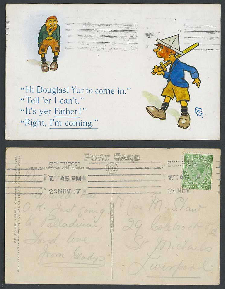 FG Artist Signed 1917 Old Postcard Boys Sword It's yer Father! Right, I'm coming