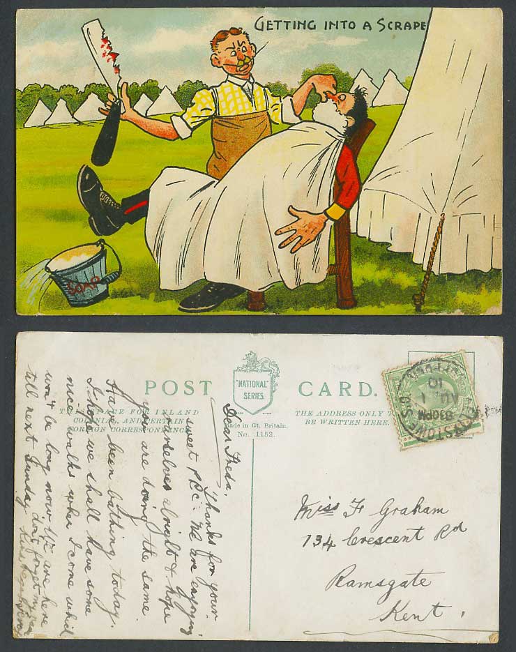 Barber at Work, Getting into a Scrape, Soap Bucket, Tents Camp 1910 Old Postcard