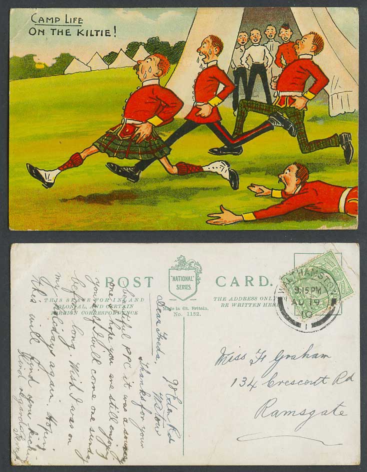 Camp Life, On The Kiltie! Scottish Soldiers Guards Kilts Tents 1910 Old Postcard