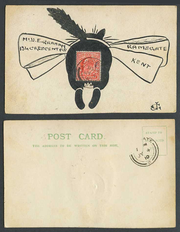 CJ Artist Signed, Hand Painted Black Cat Kitten, Ramsgate Kent 1910 Old Postcard