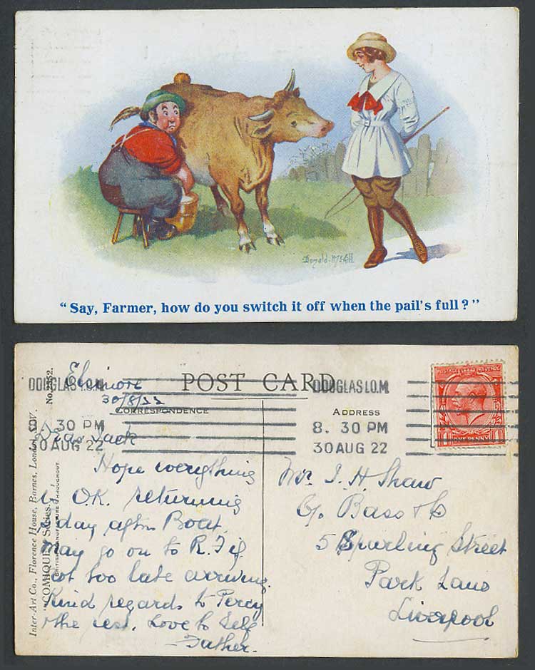 Donald McGill 1922 Old Postcard Milking Cow, How switch it off when pail's full?