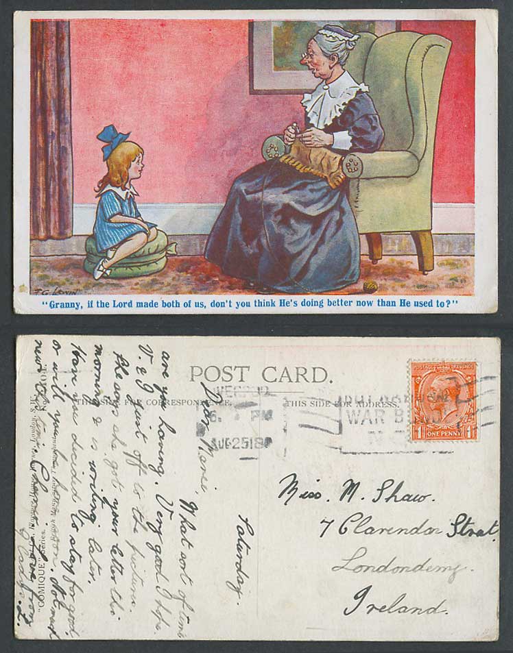 FG Lewin 1918 Old Postcard Granny If Lord made us He's doing better than Used to