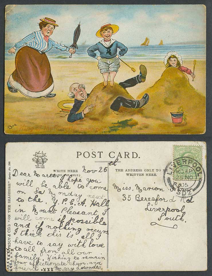 Bob 1905 Old Postcard King of The Castle Poor Pa Children Boy Girl Play on Beach
