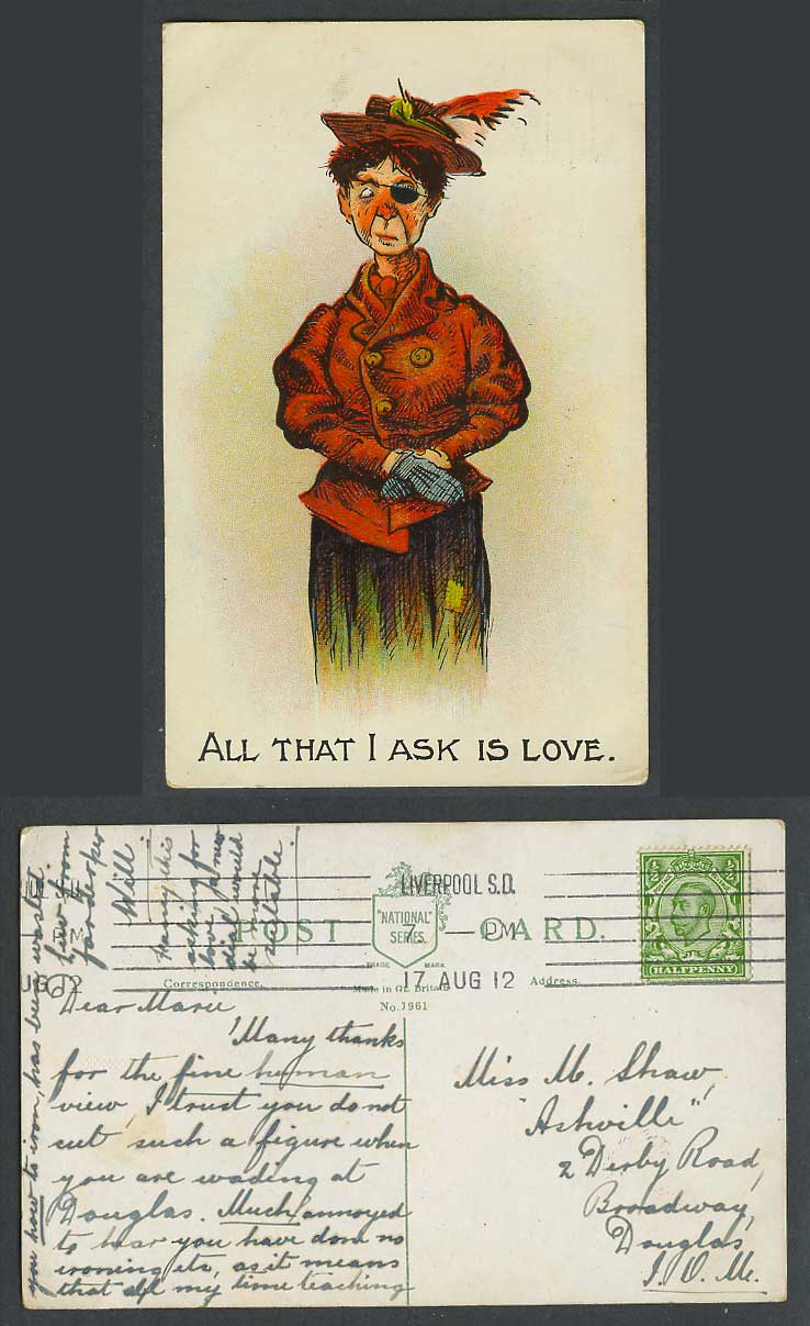 All That I ask is Love, Woman wearing Hat Gloves, Comic Humour 1912 Old Postcard