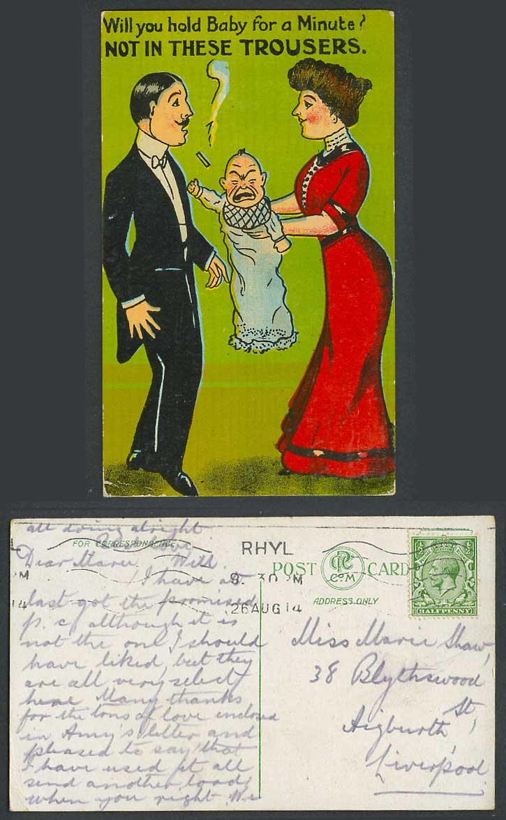 Will You Hold Baby for a Minute? Not in These Trousers, Comic 1914 Old Postcard