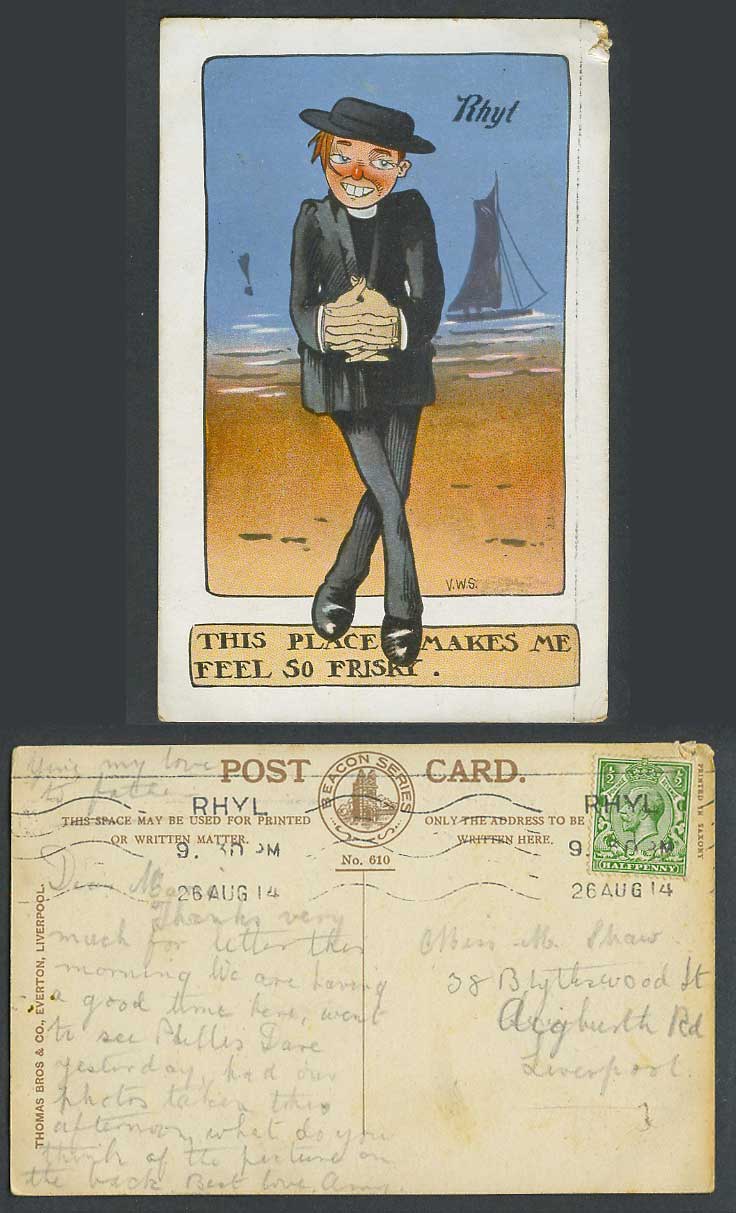 V.W.S 1914 Old Postcard Rhyl Beach This place makes me feel sor frisky Drunk Man
