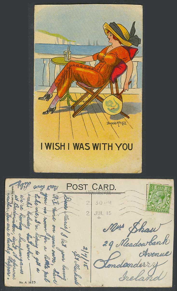 Donald McGill 1915 Old Postcard I Wish I Was With You, Glamour Lady, Fan Seaside