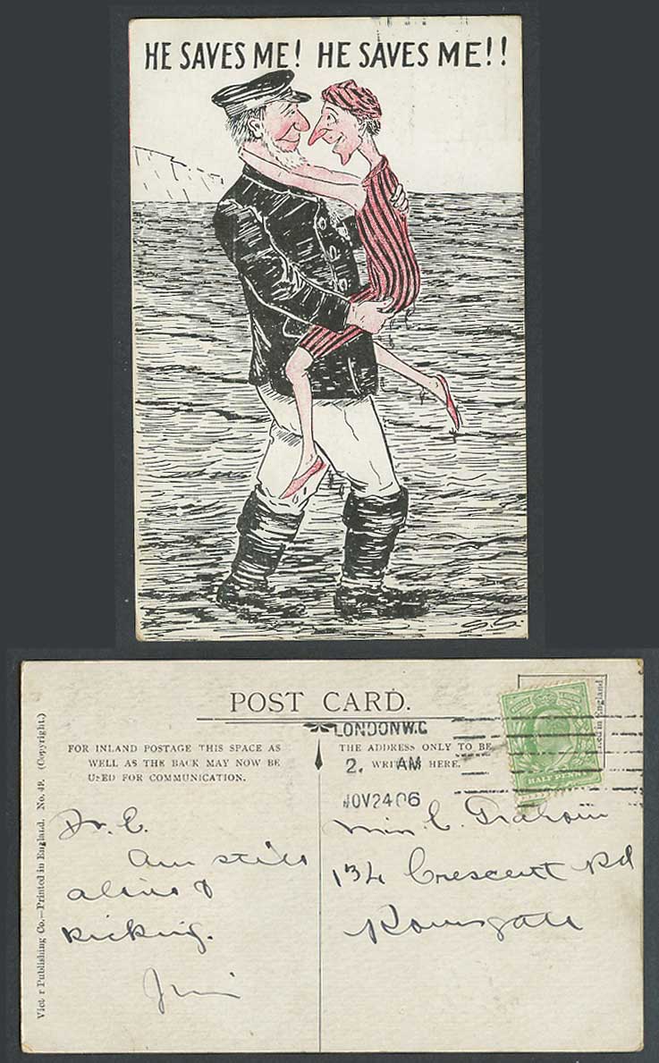 Sailor Carrying Lady Woman above Sea He Saves Me! He Saves Me! 1906 Old Postcard