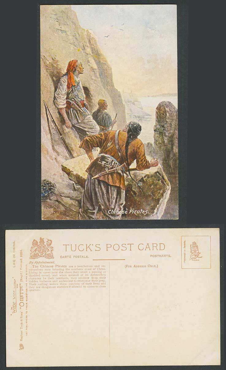 China Old Tuck's Oilette Postcard Chinese Pirates with Gun & Dagger Rocks Cliffs