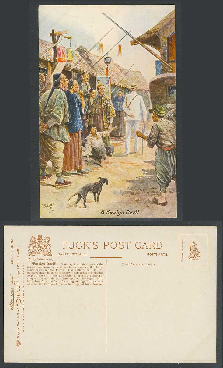 China Old Tuck's Oilette Postcard A Foreign Devil, Qing Chinese Street Scene Dog