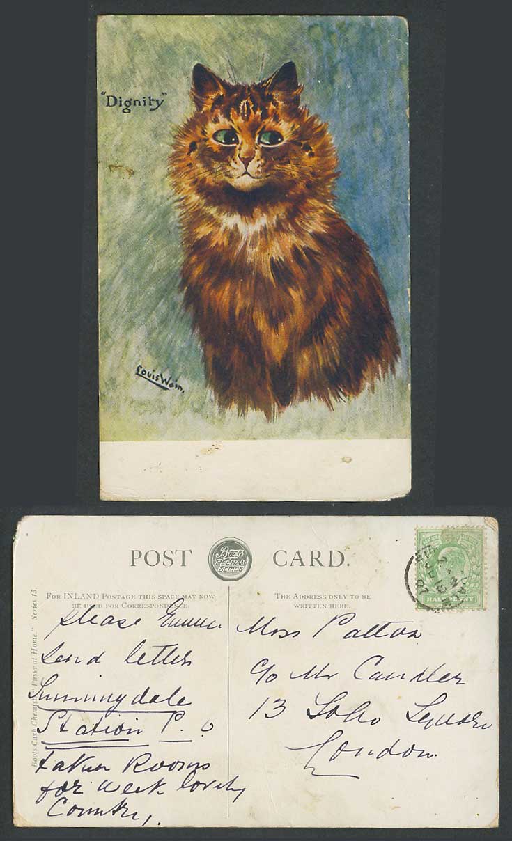 LOUIS WAIN Artist Signed CAT Kitten Dignity 1907 Old Postcard Pussy at Home N.15