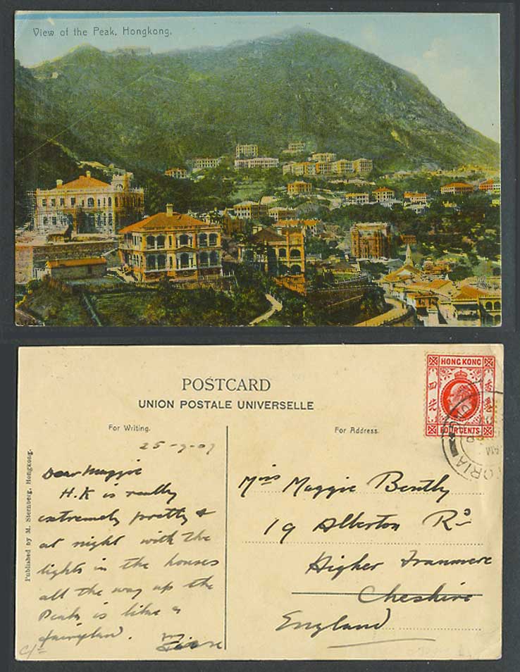 Hong Kong KE7 4c Victoria 1907 Old Colour Postcard View of The Peak Panorama