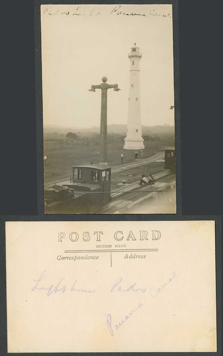 Panama Canal Old Real Photo Postcard Pedro Lighthouse, Train, Railway, Railroad