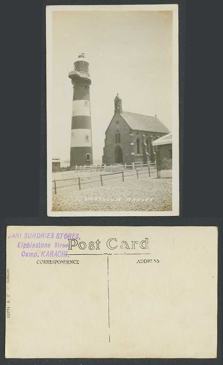 Pakistan Old Real Photo Postcard Manora Lighthouse, Karachi, Church, Gupta & Co.