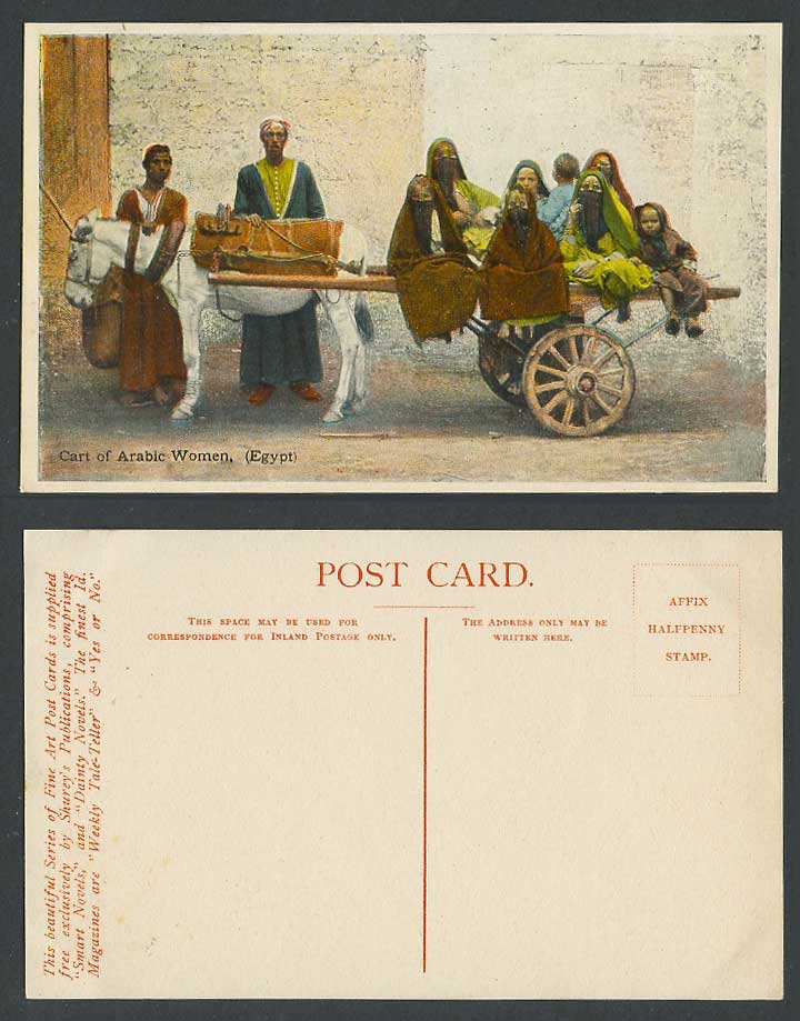 Egypt Old Color Postcard Cart of Arabic Women Veiled Arab Ladies Donkey Costumes