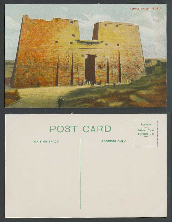 Egypt Old Colour Postcard Edfou Edfu Temple Gates Ruins Gate with Wall Carvings