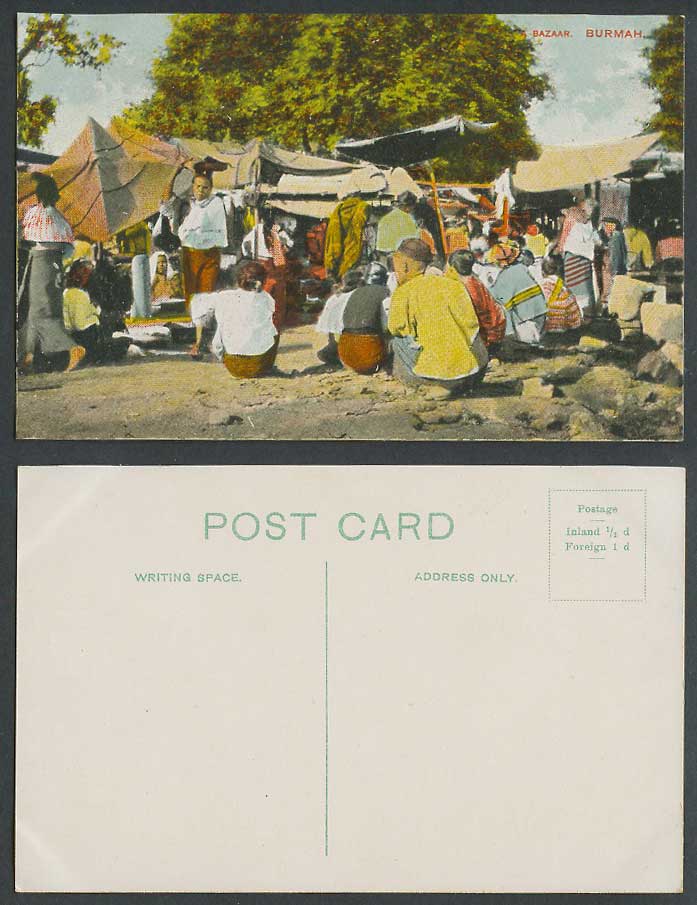 Burma Old Colour Postcard Bazaar Bazar Market Scene Seller Vendor Myanmar Burmah