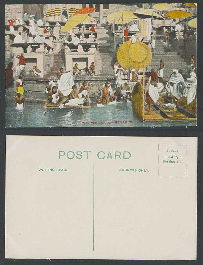 India Old Colour Postcard Native Men Bathing in The Ganges, Benares, River Steps