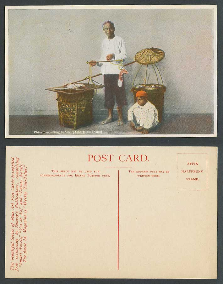 China Chinaman Selling Bacon Chinese Seller & Boy, JAVA East Indies Old Postcard