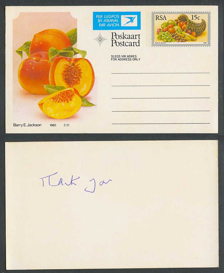 South Africa RSA Postal Stationery Card 15c Barry E Jackson 1982 Peach Nectarine