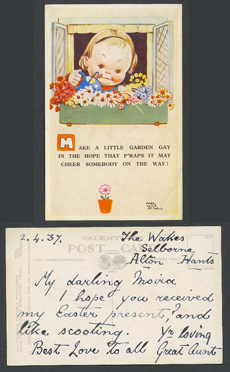 MABEL LUCIE ATTWELL 1937 Old Postcard Girl Watering Flowers Make Garden Gay 3106