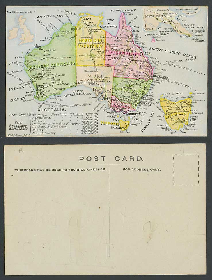 Australia MAP Tasmania Hobart Perth Sydney Adelaide New Guinea, etc Old Postcard