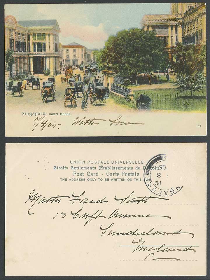 Singapore 1908 Old Hand Tinted Postcard Court House Street Scene Rickshaw Coolie