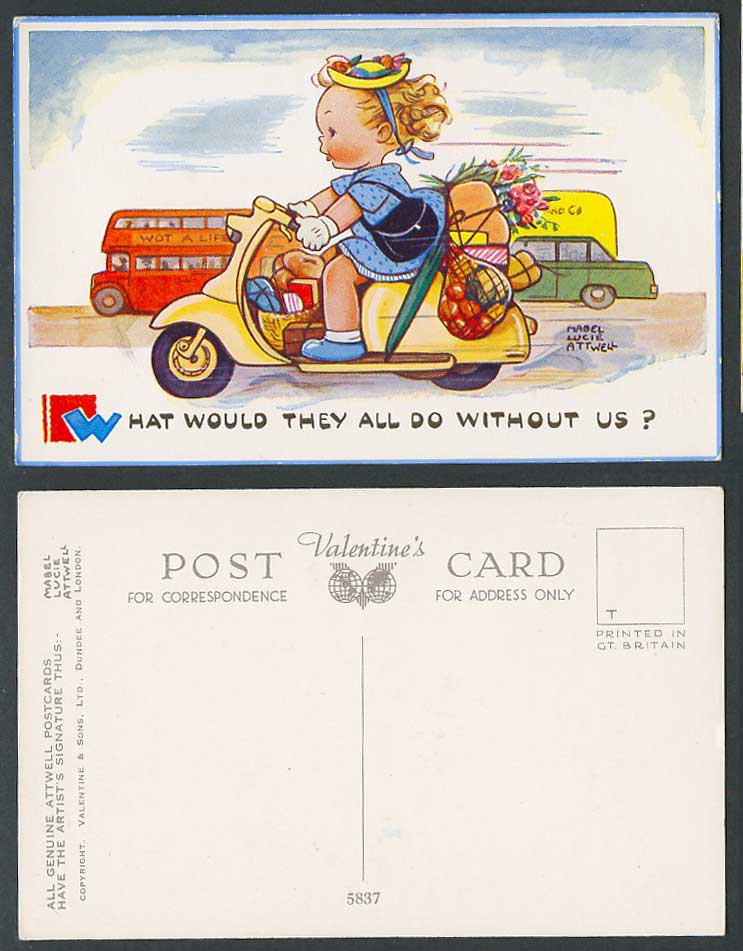 MABEL LUCIE ATTWELL Old Postcard Girl Riding Scooter with Groceries Bus Car 5837