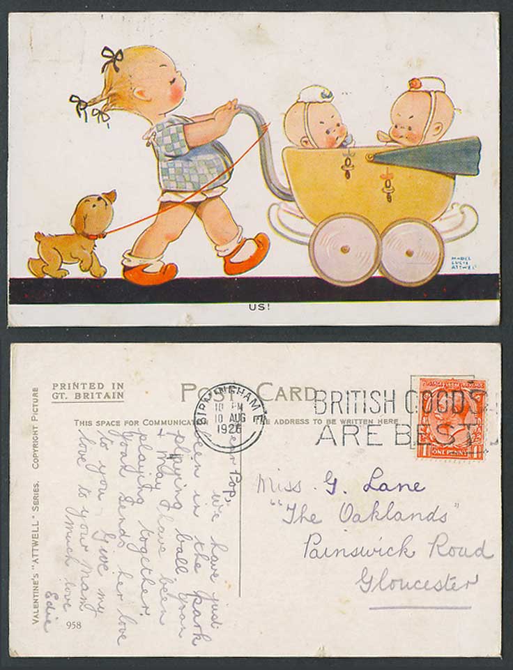 MABEL LUCIE ATTWELL 1926 Old Postcard Girl Dog Twins Babies in Pushchair US! 958