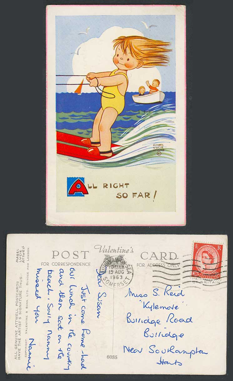 MABEL LUCIE ATTWELL 1963 Old Postcard Girl Water Skiing Ski Surfing Surfer 6035