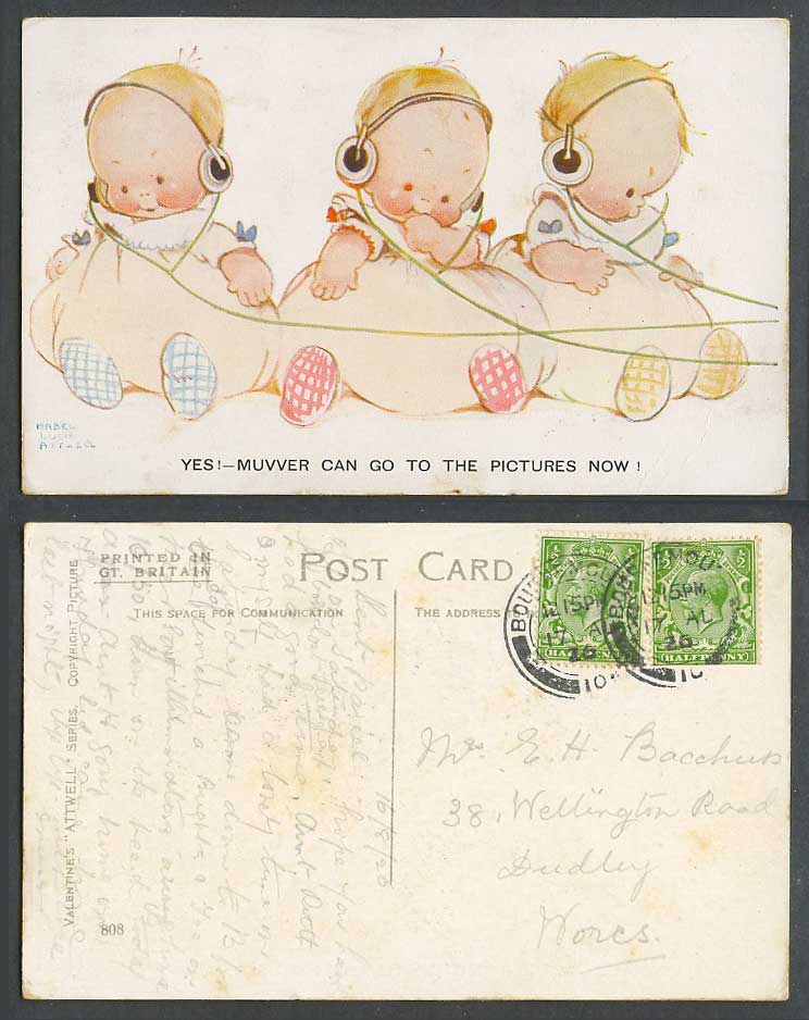 MABEL LUCIE ATTWELL 1926 Old Postcard Triplets Muvver Can Go to Pictures Now 808