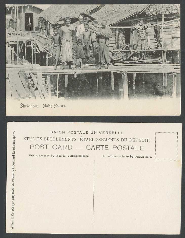 Singapore Old Postcard Malay Houses on Stilts Natives on Bridge Men Children Boy