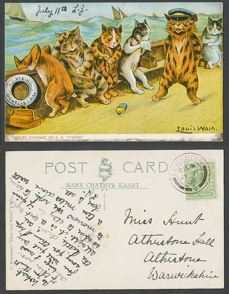 Louis Wain Artist Signed Cats, Stormy Passage S.S. Viking Ship IOM 1906 Postcard