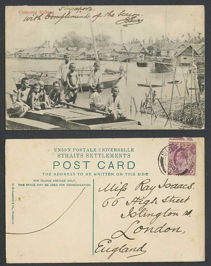 Singapore KE7 3c 1907 Old Postcard Campong Kallang Harbour Native House Boy Boat