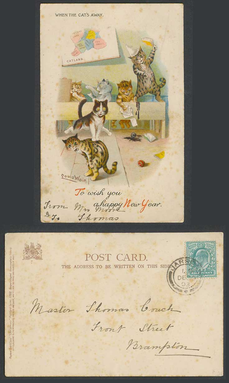 Louis Wain Artist Signed When Cat's Away Happy New Year 1903 Old Tuck's Postcard