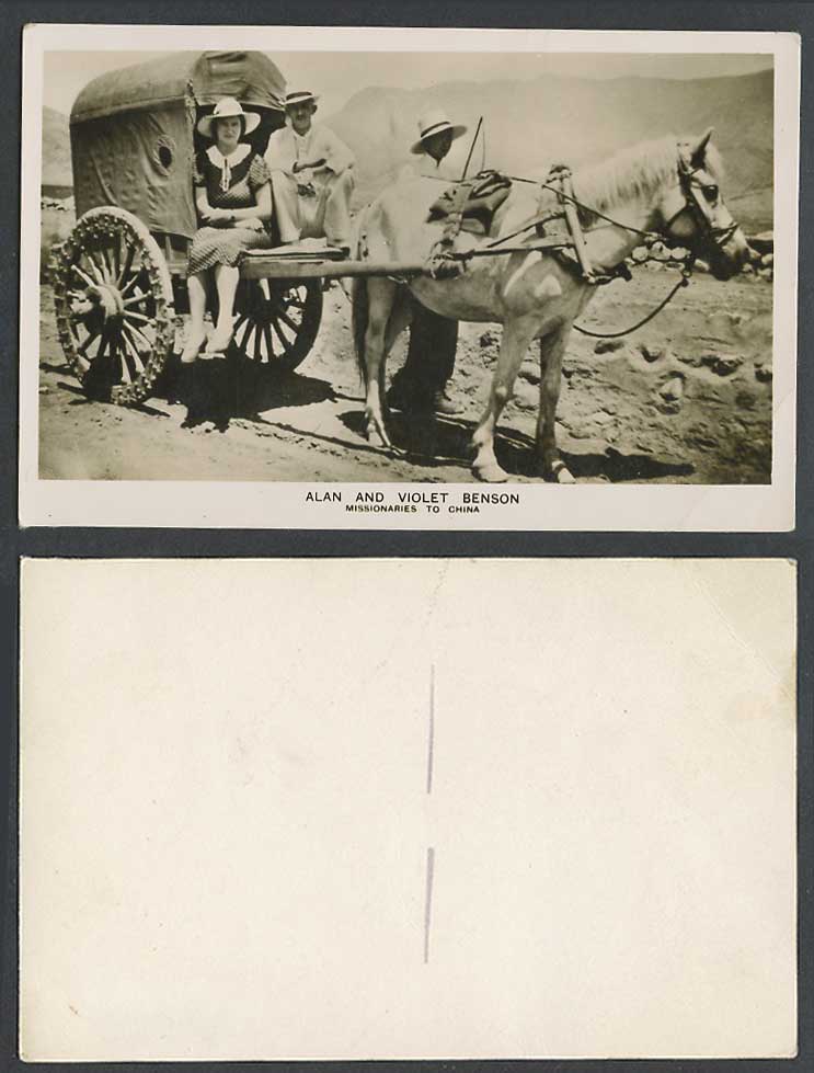 China Old Real Photo Postcard Alan and Violet Benson Missionaries & Chinese Cart