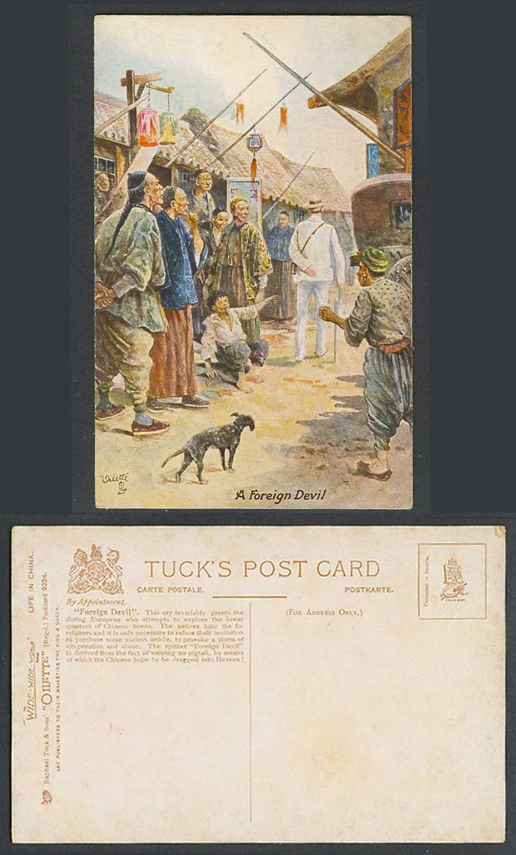 China Old Tuck's Oilette Postcard A Foreign Devil Chinese Street Scene Black Dog
