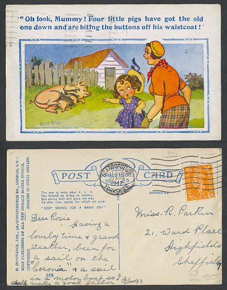 Donald McGill 1947 Old Postcard Pig 4 Pigs Biting Buttons Off Old Ones Waistcoat
