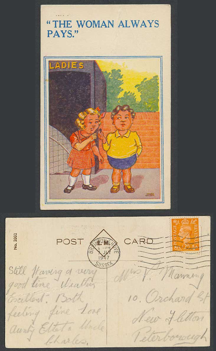 Joner Artist Signed 1947 Old Postcard The Woman always pays. Ladies Toilet, Coin