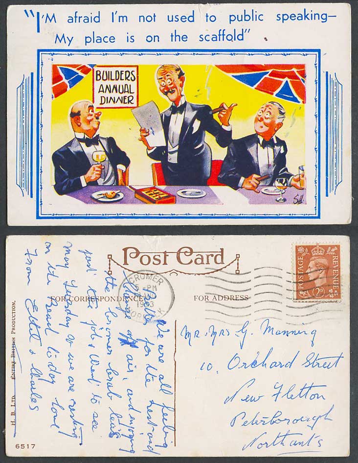 SH 1953 Old Postcard Builders Annual Dinner not used to public speaking scaffold
