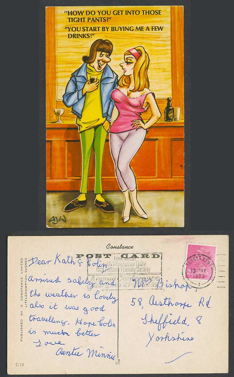AJW 1973 Postcard How do you get into tight pants? You start by buying me Drinks