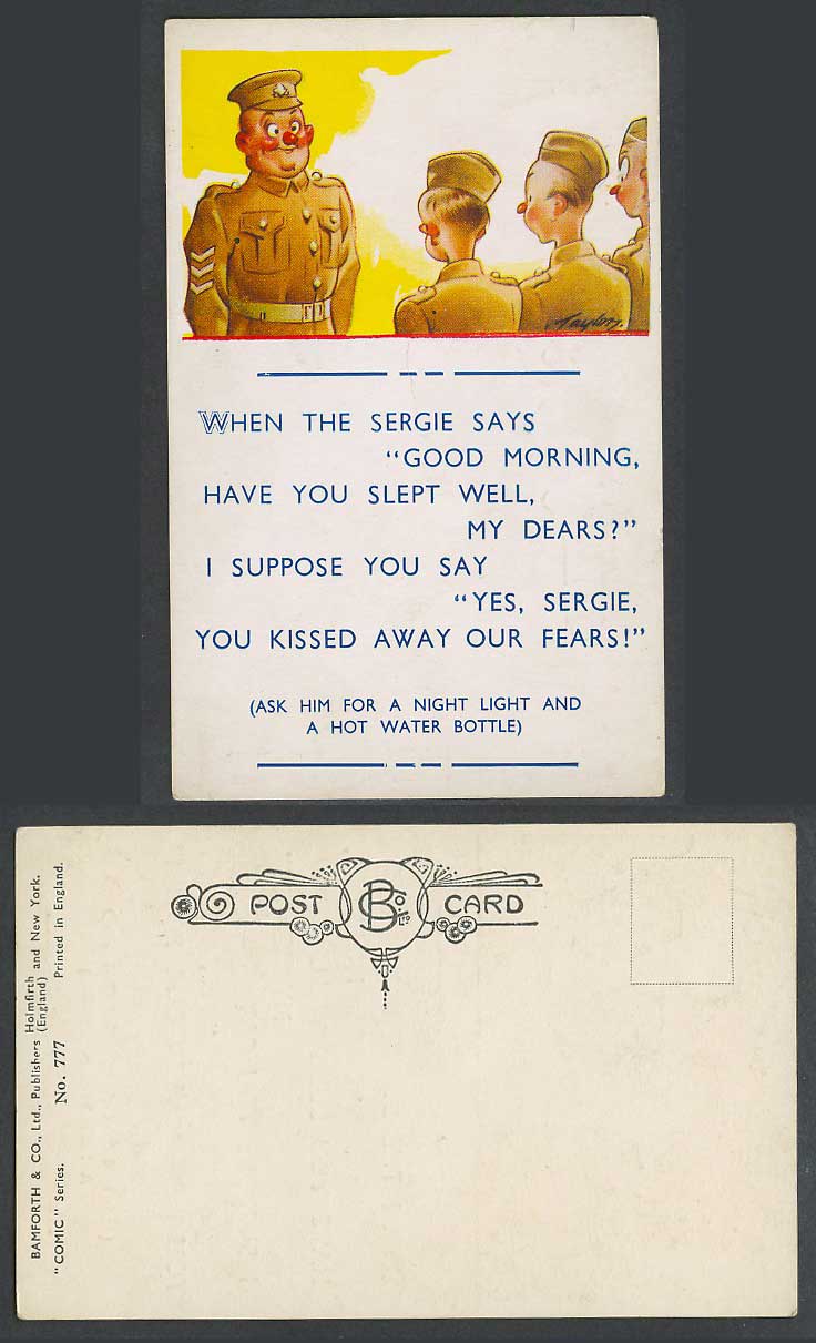 Taylor Bamforth Comic Old Postcard Soldiers Yes Sergie You kissed away our fears