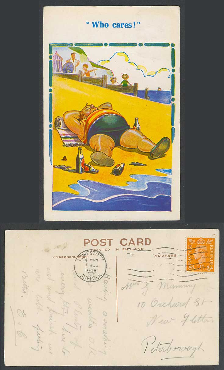 Who Cares! Fat Man Lying on Beach Bottles Seaside Comic Humour 1946 Old Postcard