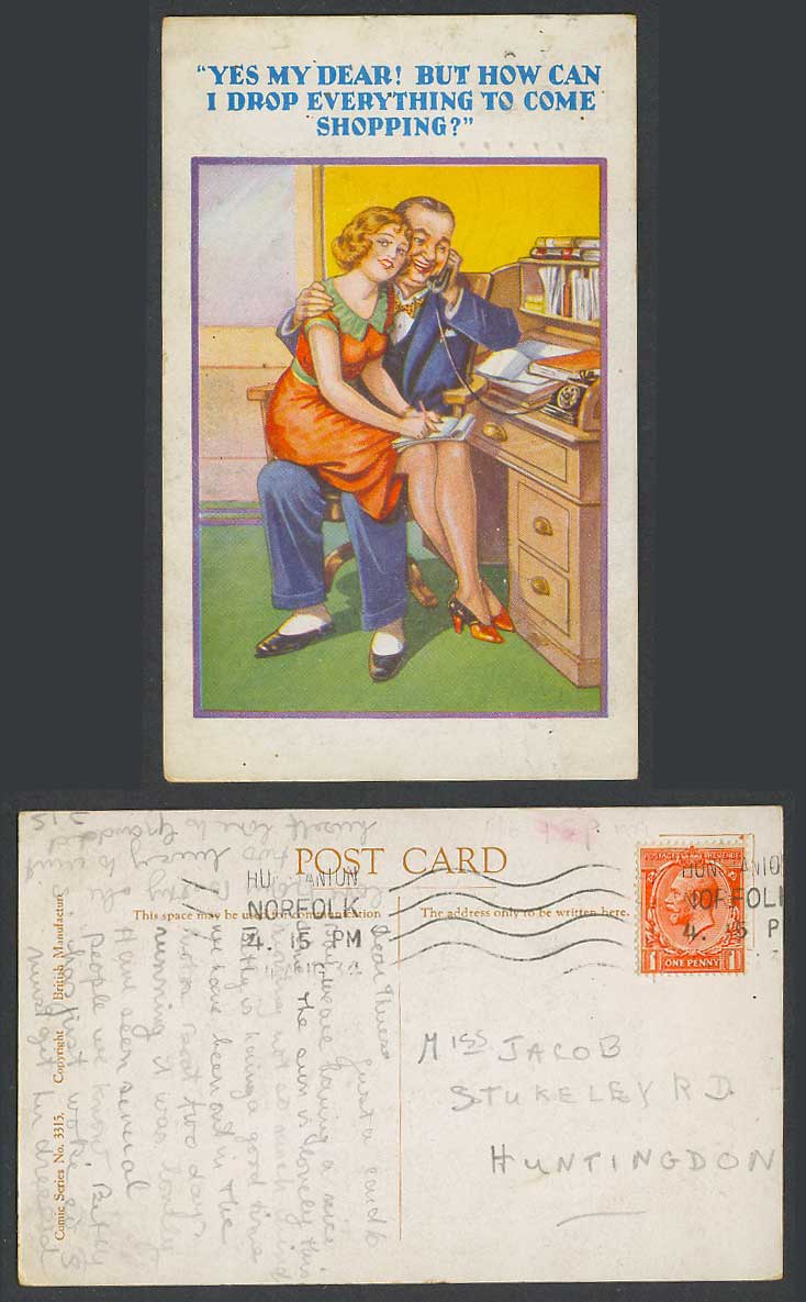 Office Romance 1934 Old Postcard But how can I drop everything to come shopping?