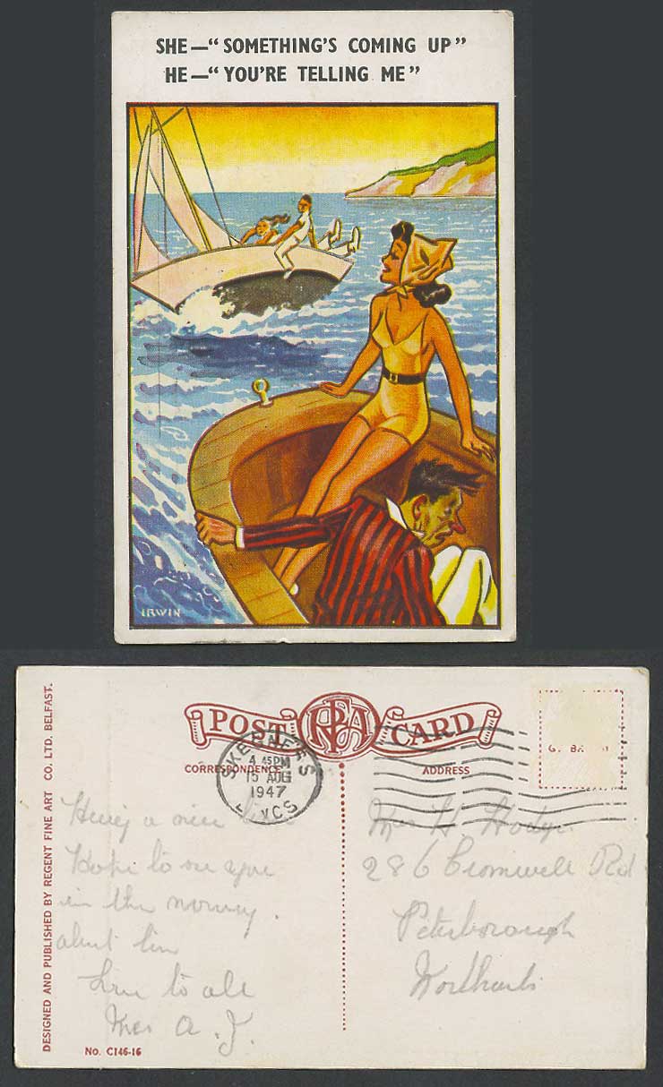 IRWIN 1947 Old Postcard She - Something's coming up He - You're telling me Boats
