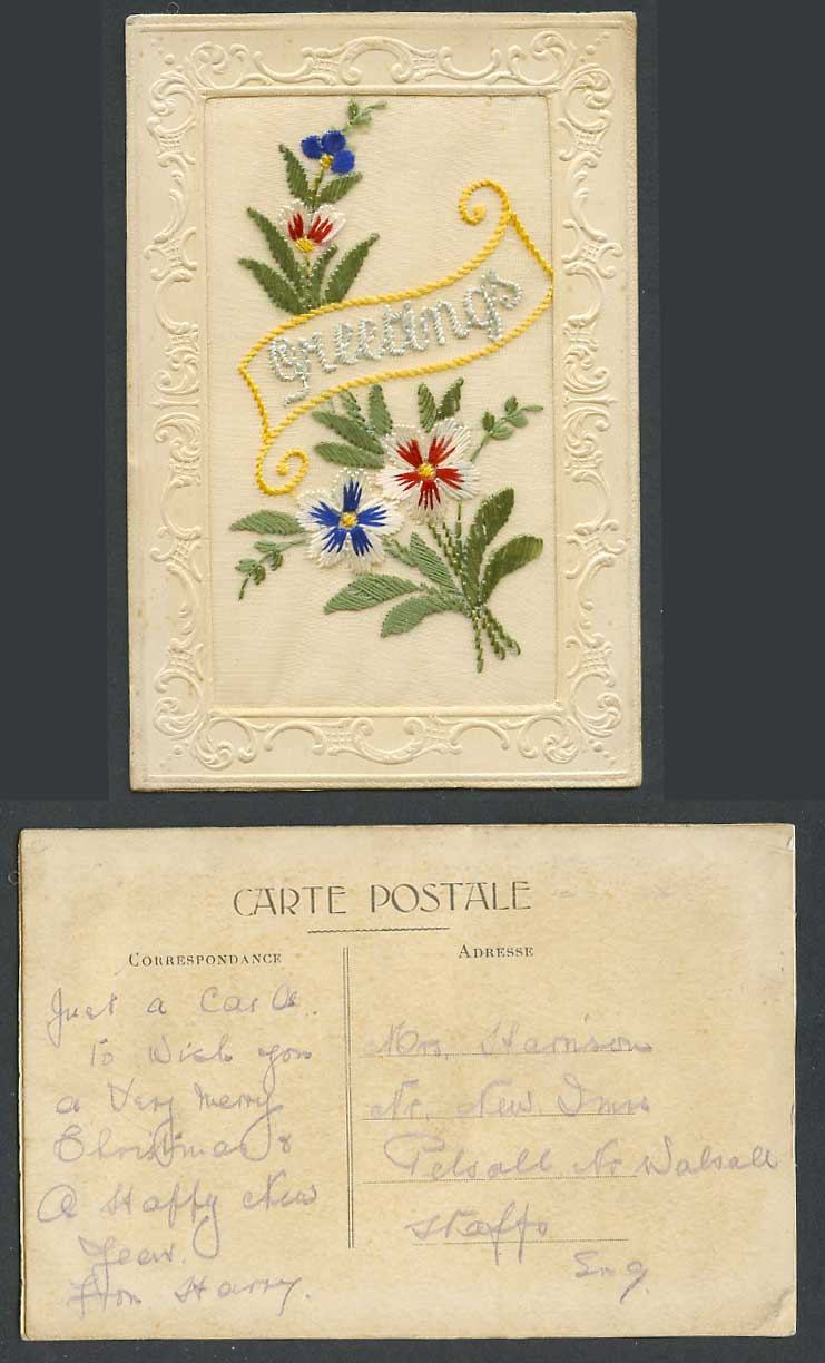 WW1 SILK Embroidered Old Postcard Flowers Merry Christmas Greetings Xmas Novelty