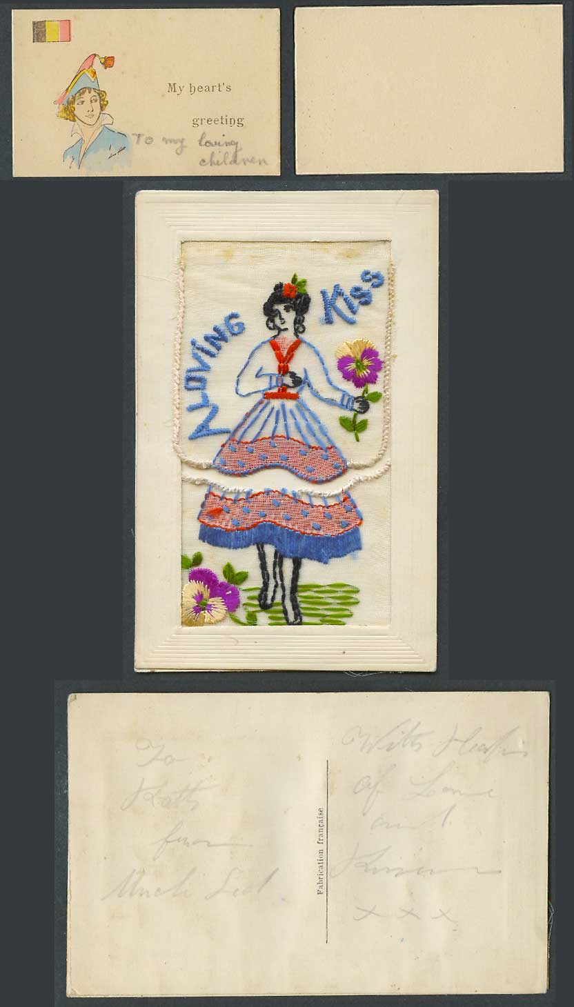 WW1 SILK Embroidered Old Postcard A Loving Kiss Flower Spanish Dancing Girl Lady
